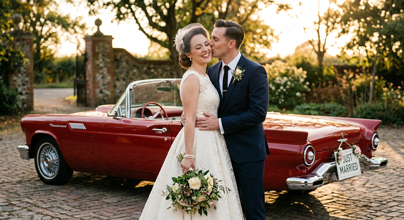 Couple de mariés en tenue pin-up des années 50 s'embrassant tendrement devant une voiture de collection rouge.