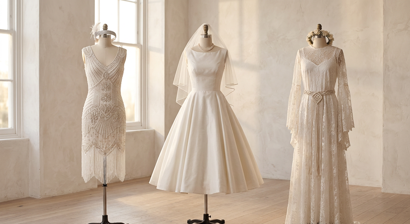 Une sélection de robes de mariée rétro Louise Vintage sur des mannequins, montrant différents styles des années 20, 50 et 70.
