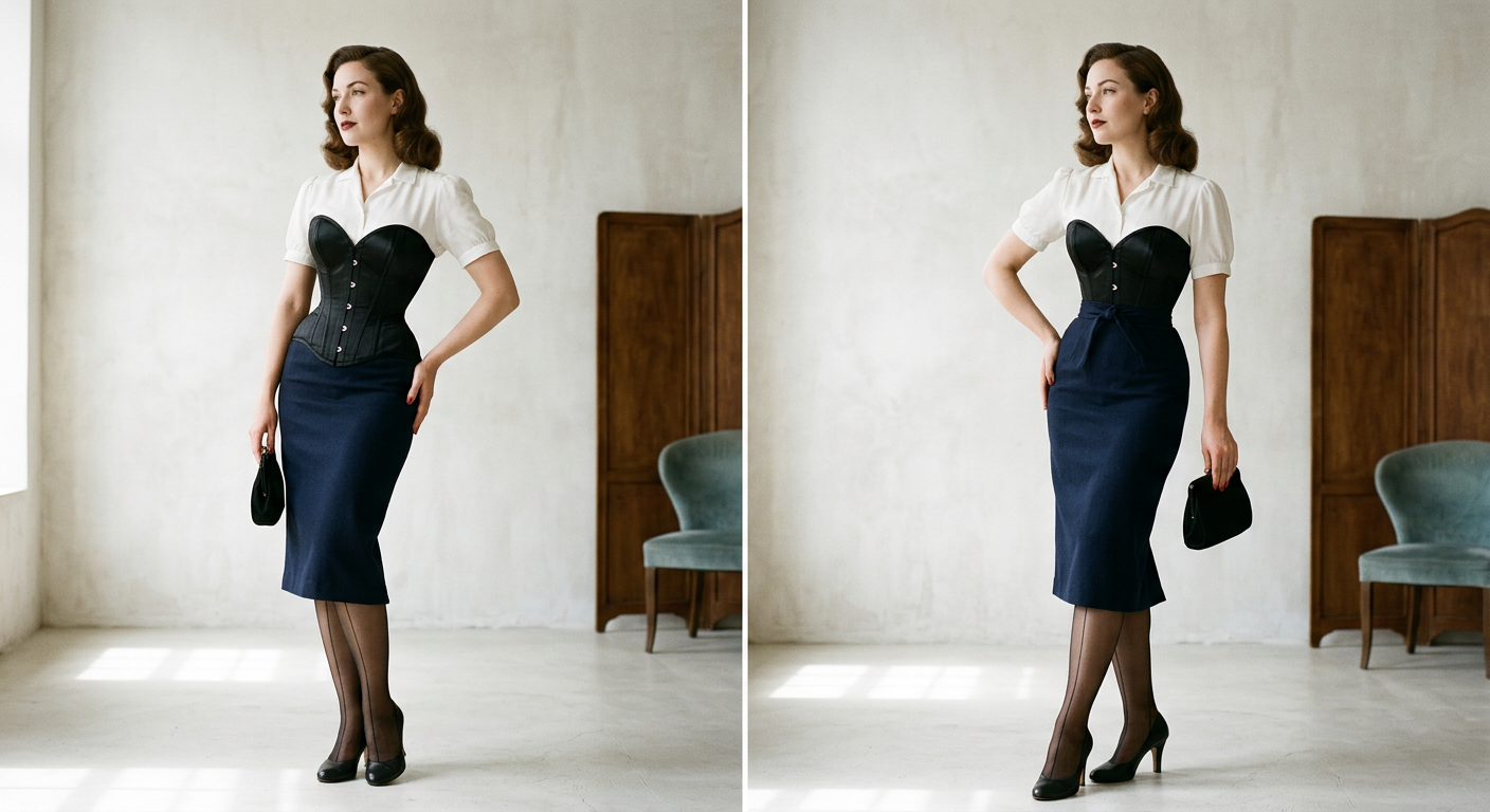 Mannequin portant un corset noir et une jupe crayon Louise Vintage, une silhouette burlesque chic.