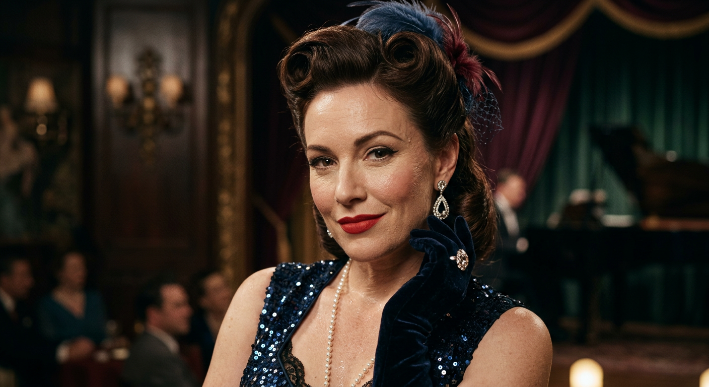 Une artiste burlesque des années 50 incarnant l'élégance et la confiance en soi.