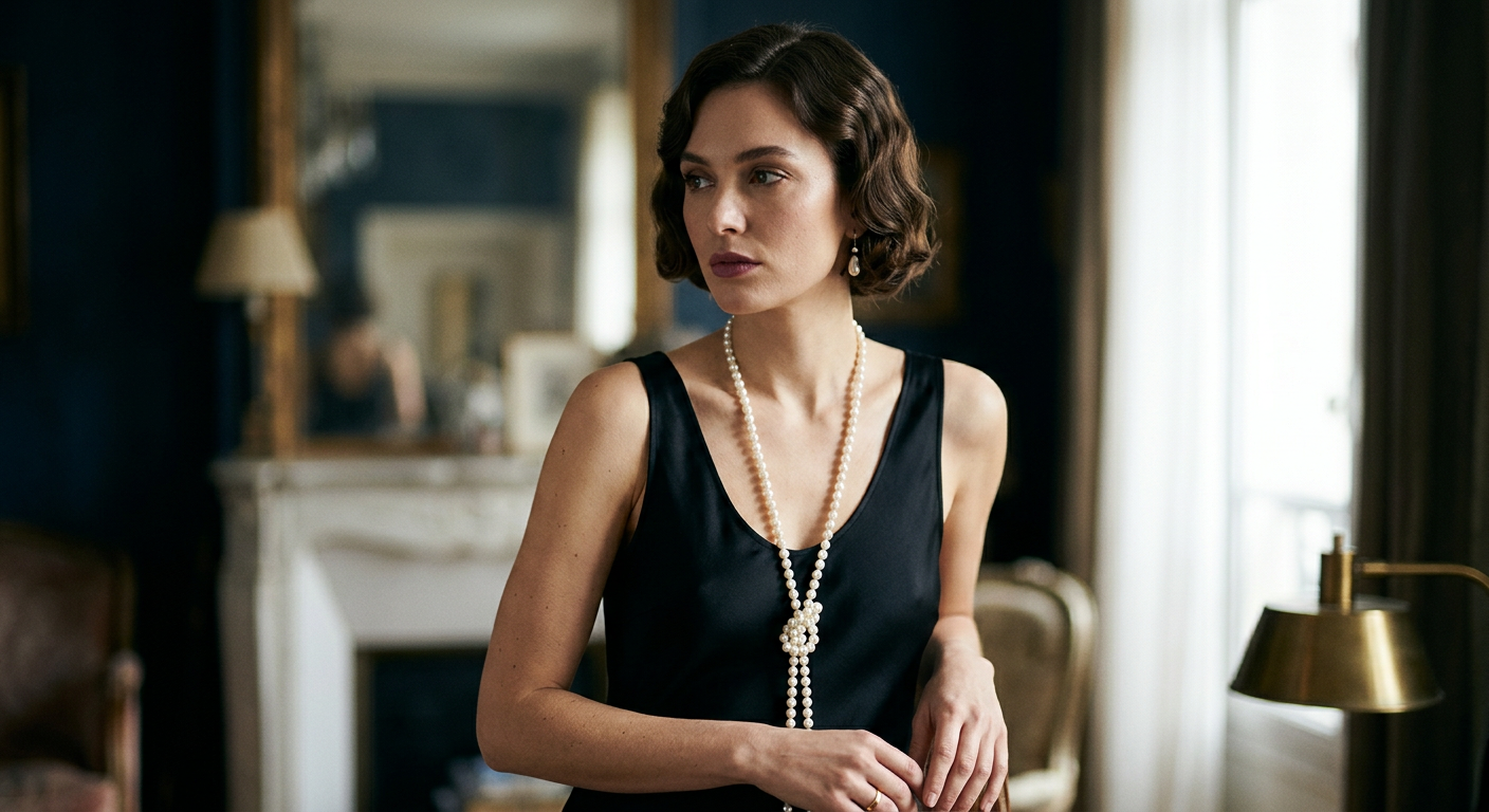 Femme portant un long collier sautoir de perles noué sur une robe simple.