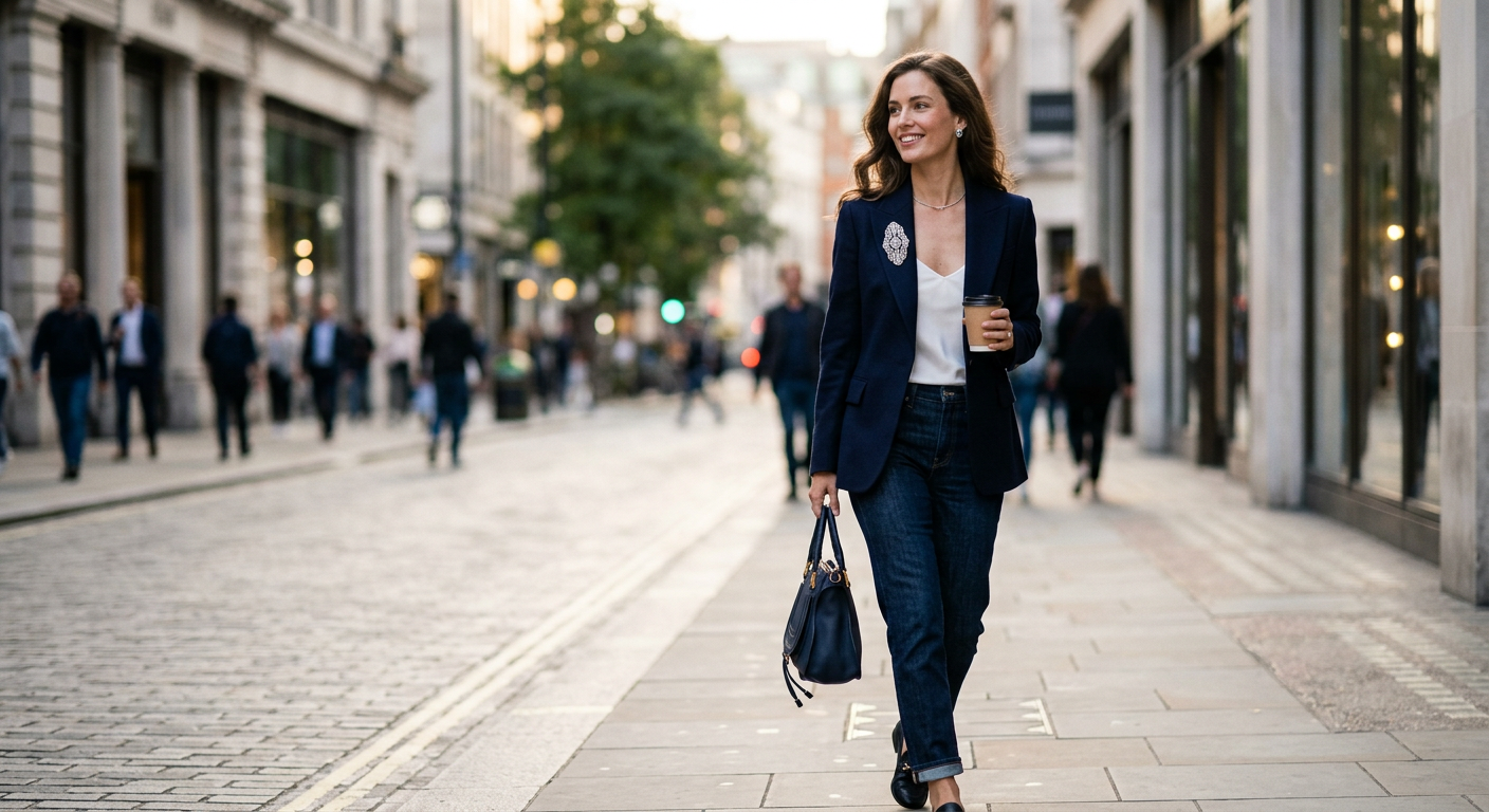 Look moderne d'une femme portant une broche Art Déco sur un blazer contemporain.