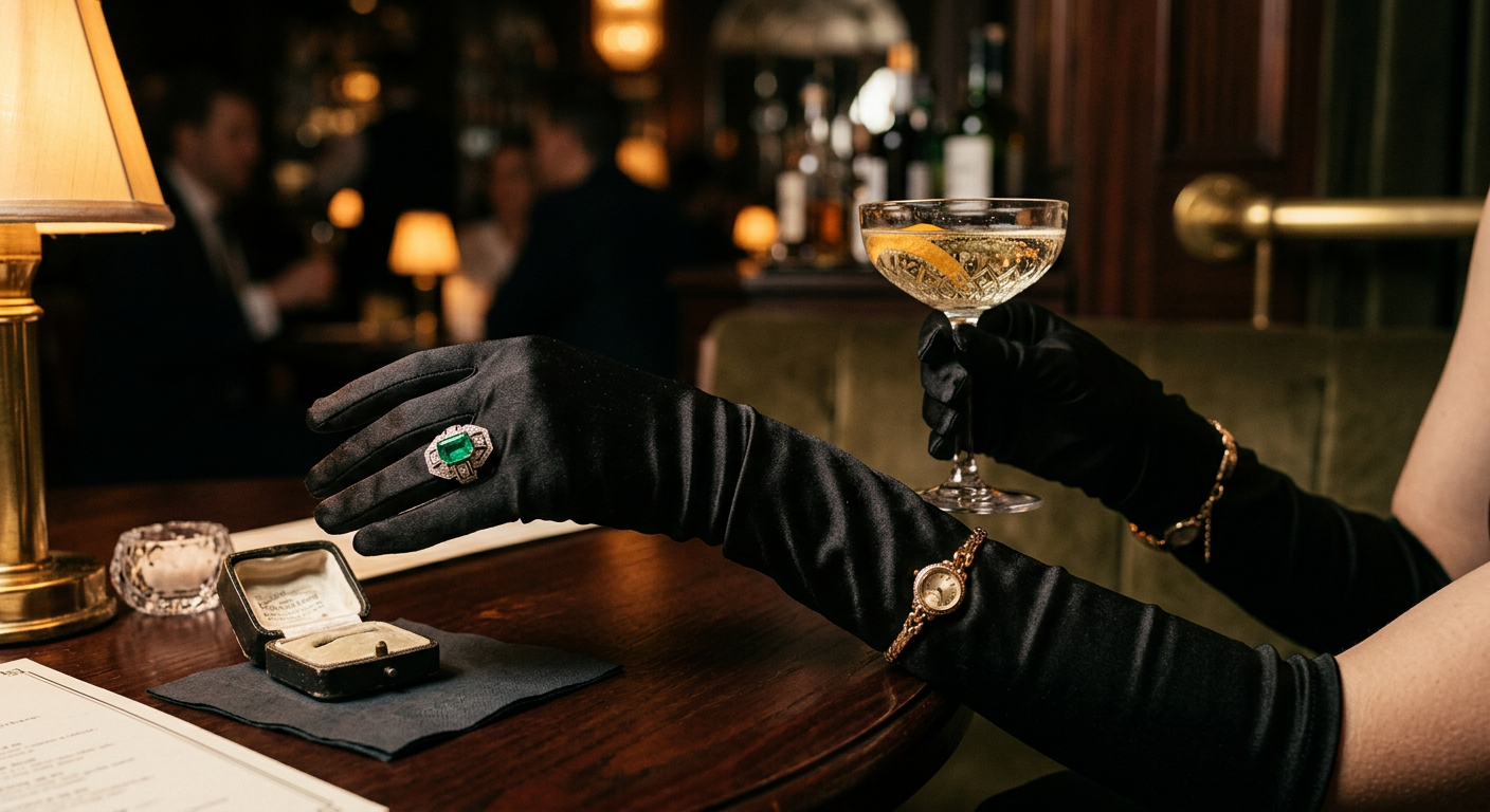 Mains d'une femme portant des gants longs noirs et une bague Art Déco, tenant une coupe de champagne.