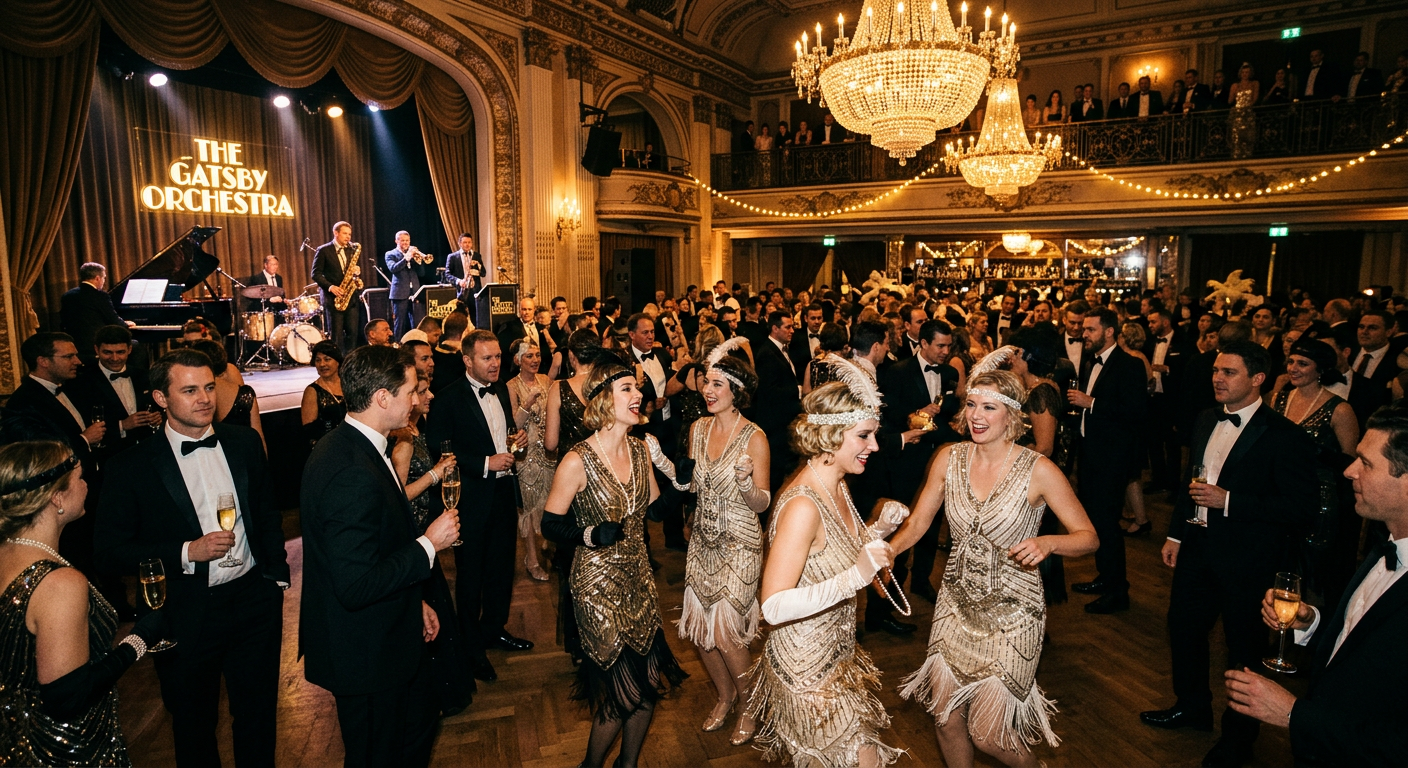 Scène de fête opulente style Gatsby, représentative de l'ambiance des Années Folles.
