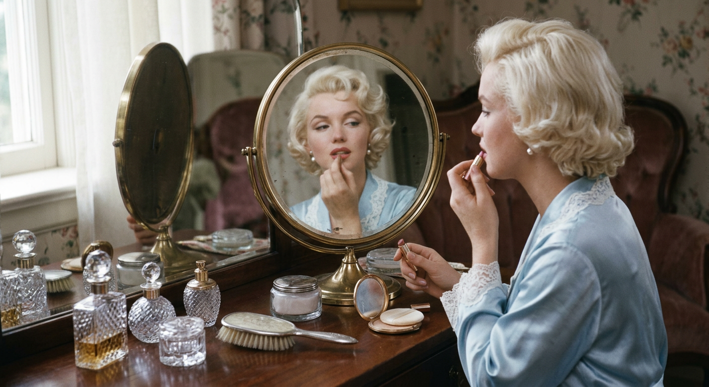 Modèle pin-up aux boucles blondes platine se regardant dans un miroir de coiffeuse vintage, évoquant le glamour de Marilyn Monroe.