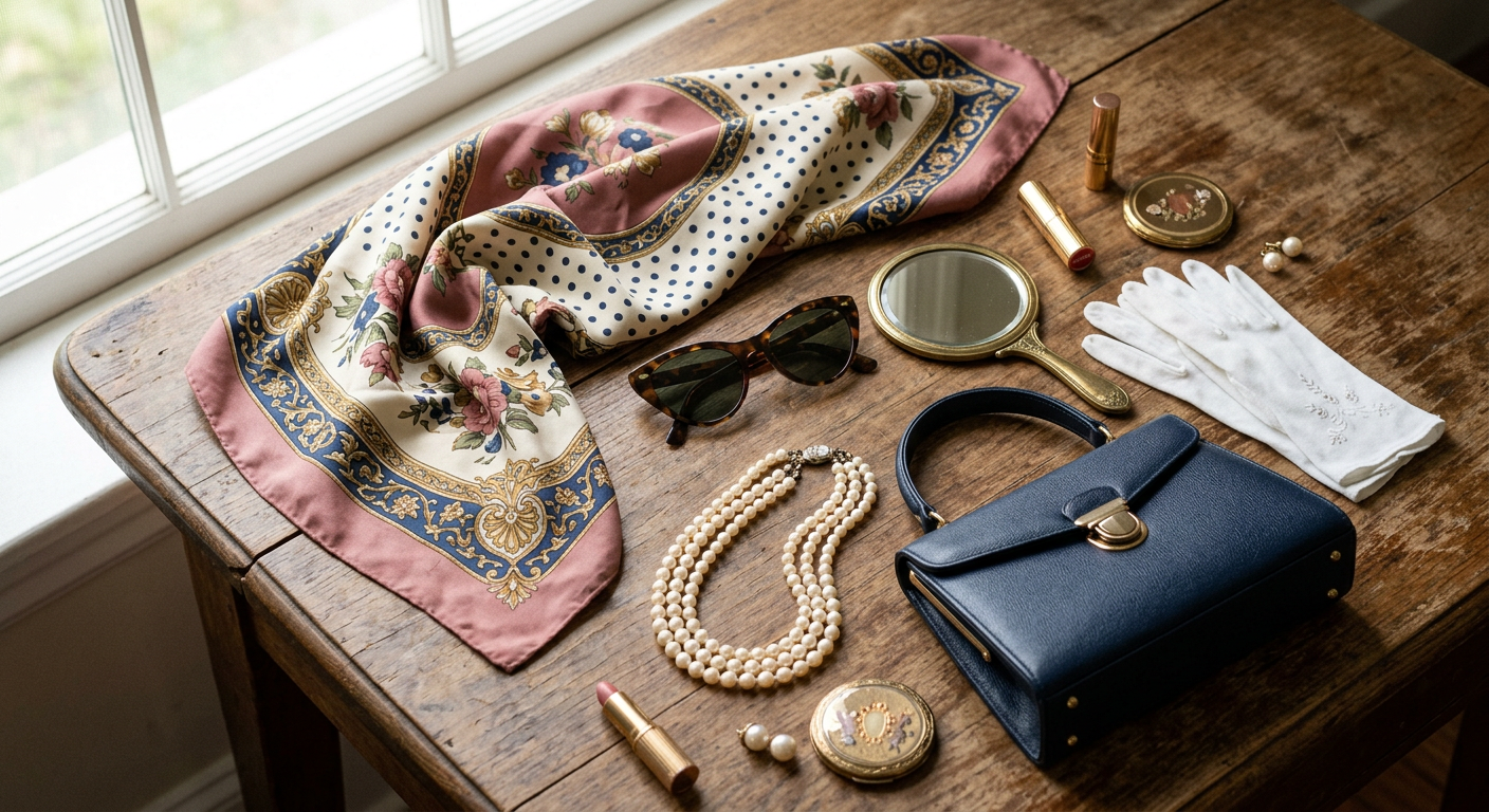 Composition élégante d'accessoires vintage des années 50 sur une table en bois : foulard, lunettes œil-de-chat, perles, gants.