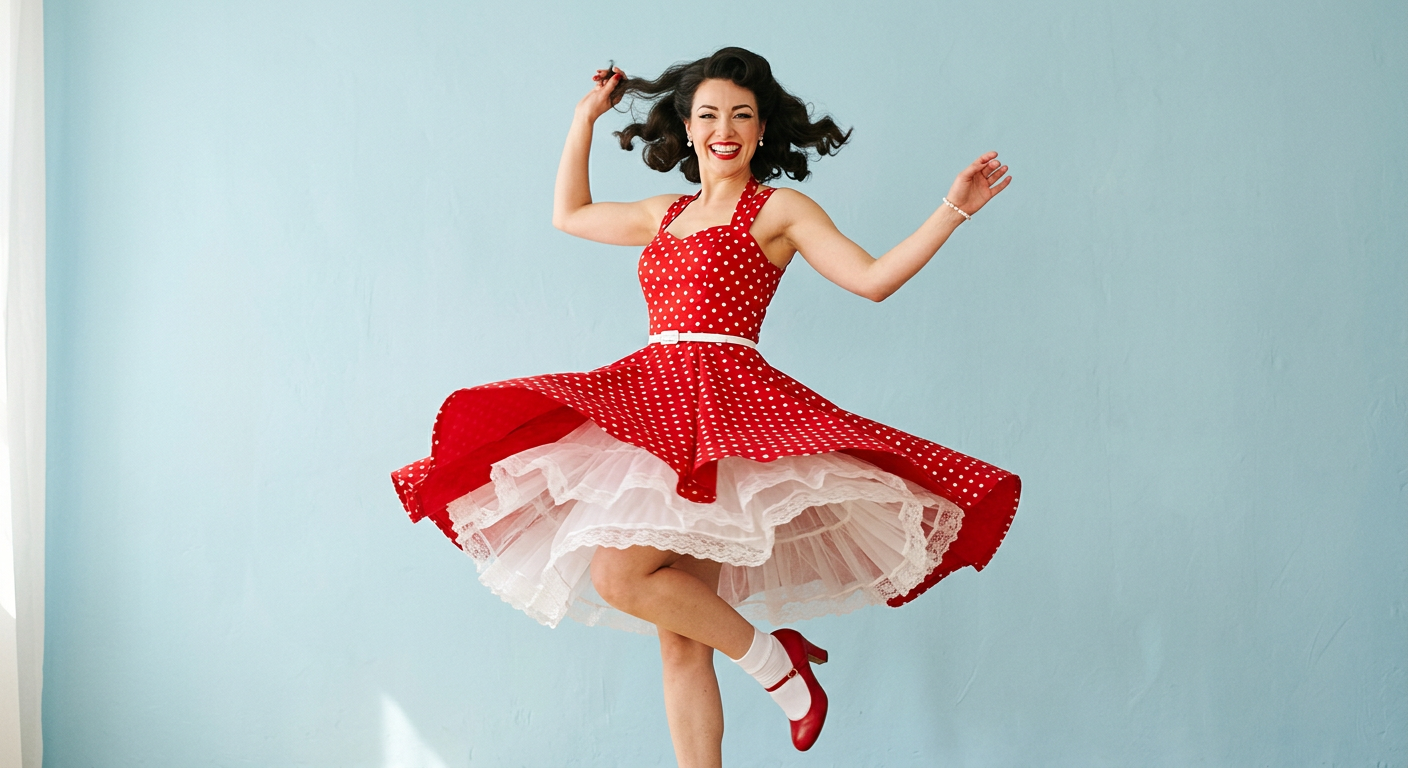 Femme souriante en pleine rotation, portant une robe swing rouge à pois blancs style pin-up années 50.