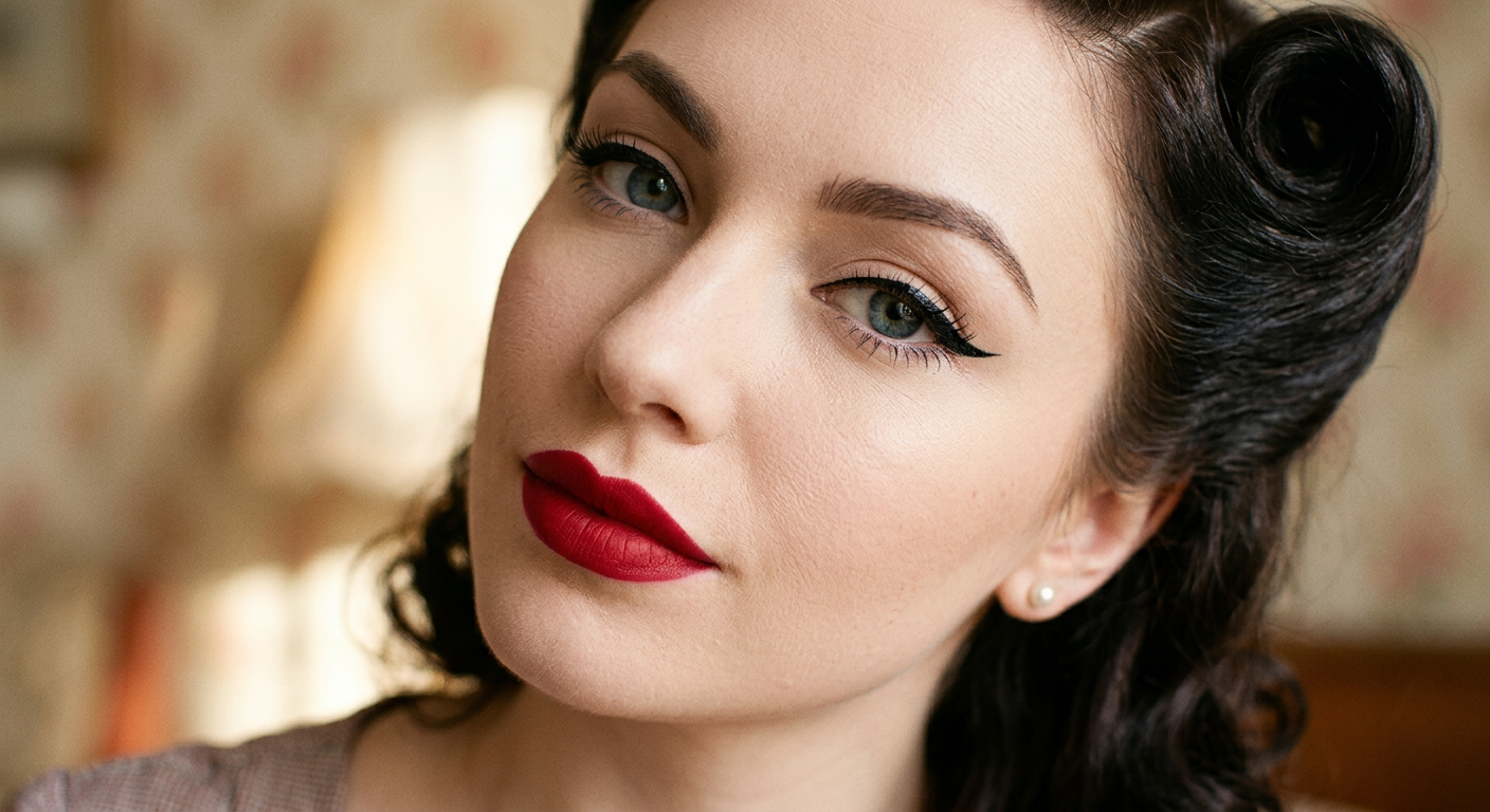 Gros plan sur le maquillage pin-up parfait : un trait d'eye-liner noir et des lèvres rouge mat.