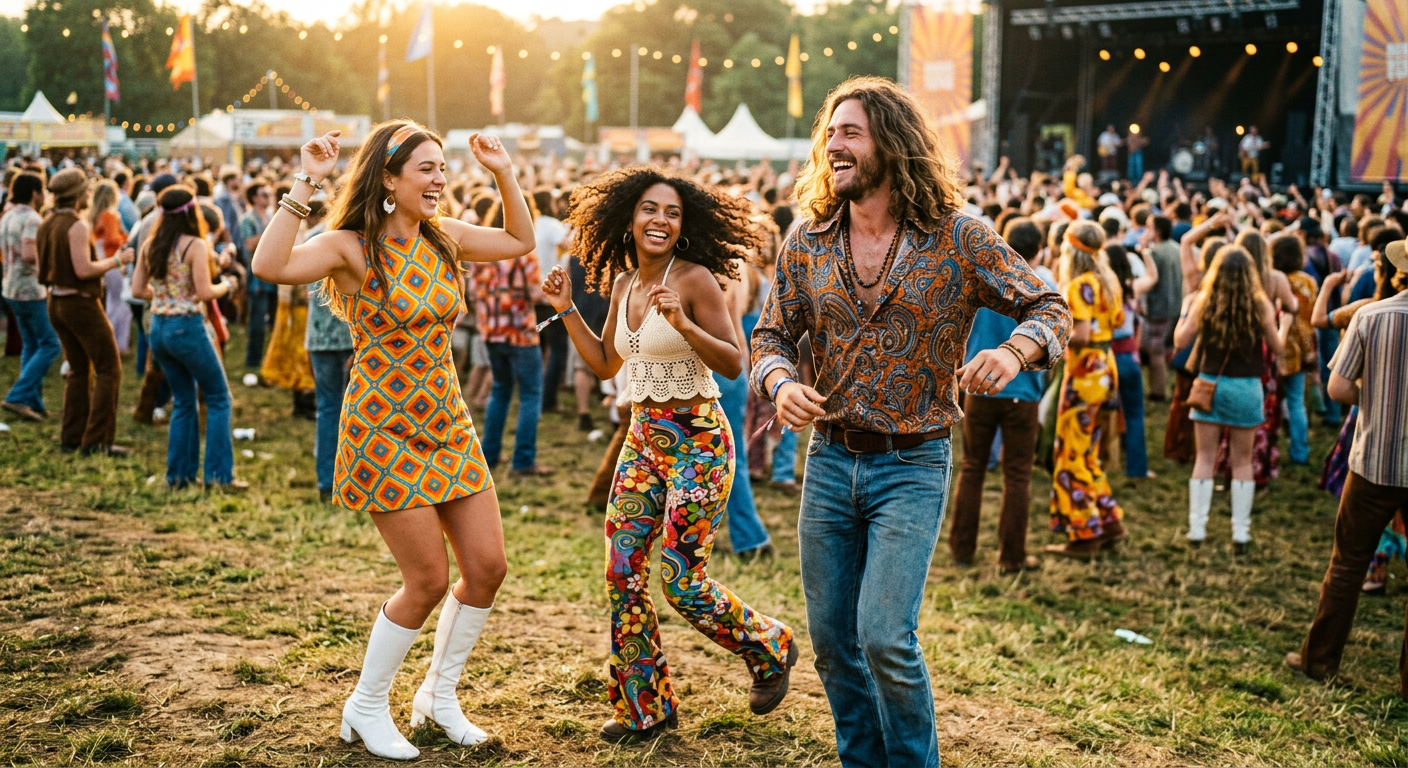 Groupe d'amis en tenues des années 60 psychédéliques à un festival.