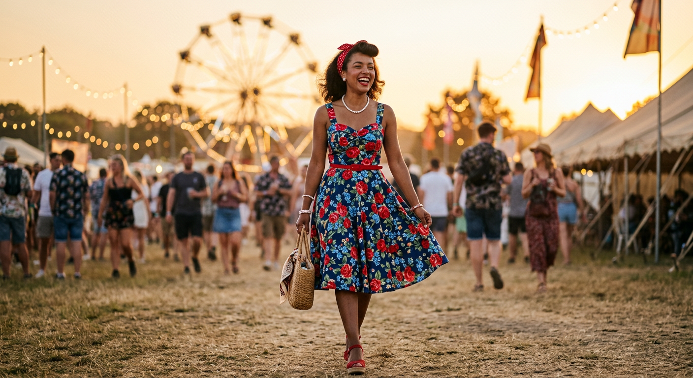 Femme souriante en robe vintage à un festival d'été.