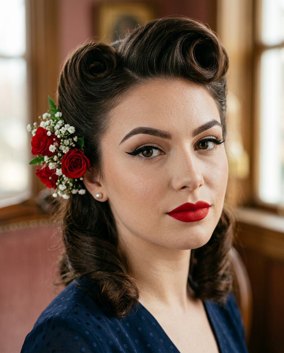 Gros plan sur un maquillage et une coiffure pin-up des années 50.