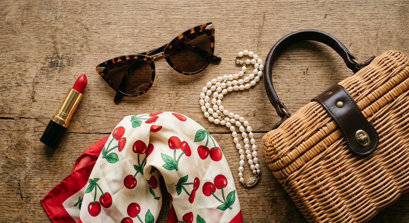 Composition d'accessoires vintage des années 50 pour un festival.