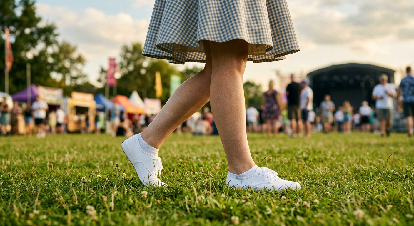 Femme marchant confortablement avec des chaussures rétro dans un festival.