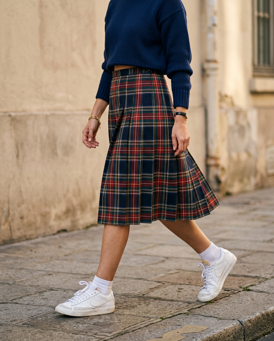 Modèle portant une jupe plissée écossaise vintage, un pull en maille court et des baskets blanches modernes.