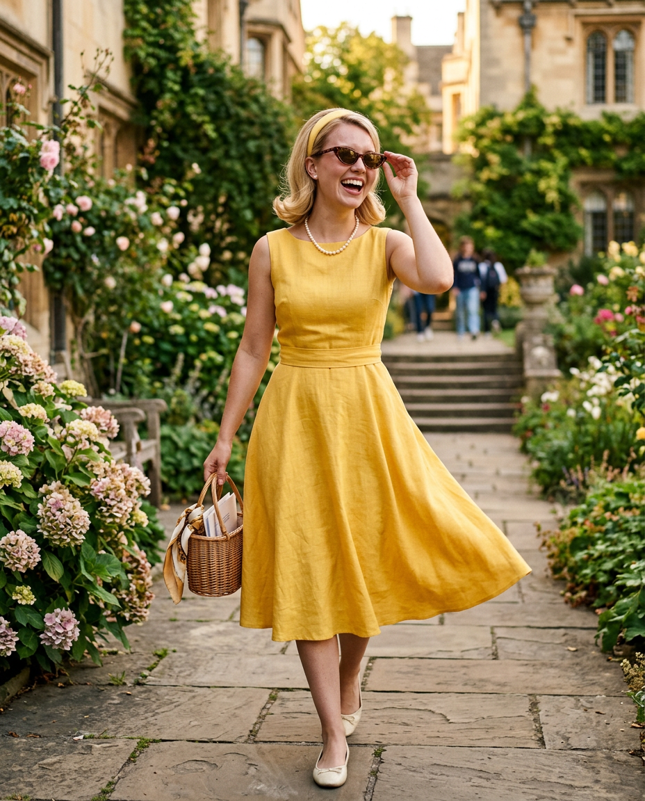Femme souriante dans une robe trapèze Louise Vintage, avec des lunettes de soleil cateye et un serre-tête, incarnant le style preppy des années 50.