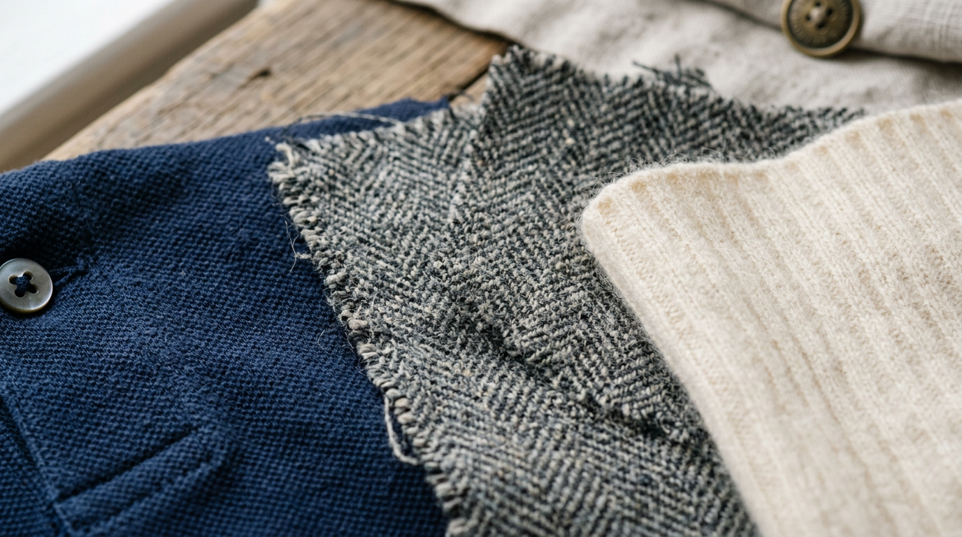 Gros plan sur des textures de matières Preppy : tweed, cachemire et coton piqué.