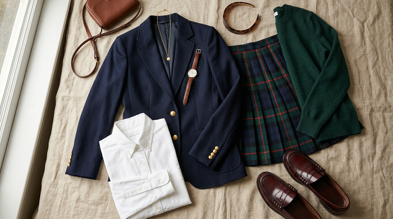Les pièces clés du style Preppy femme, comme le blazer et la jupe plissée, sur un fond neutre.