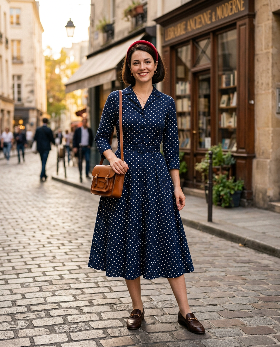 Femme portant une robe chemisier vintage à pois avec des accessoires preppy comme un serre-tête et un petit sac en cuir.