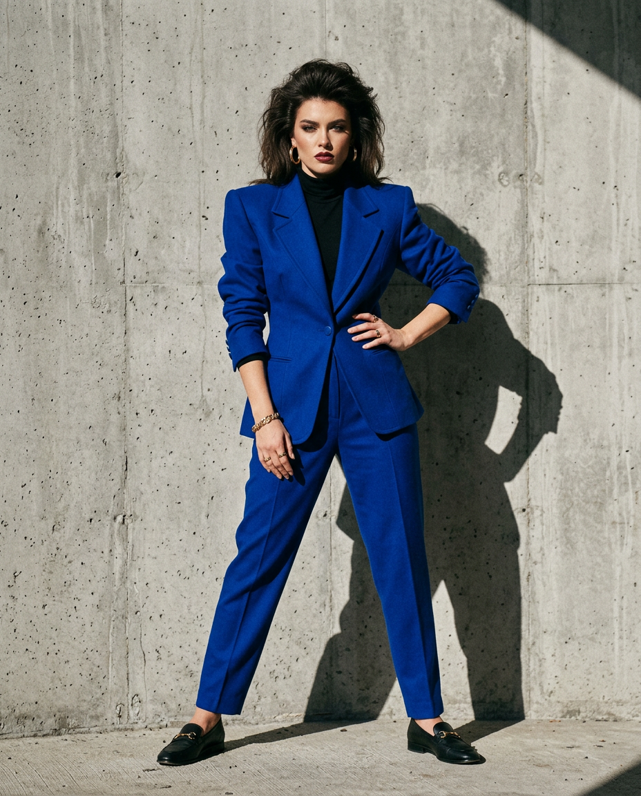 Femme adoptant le style power dressing des années 80 avec une veste à épaulettes.