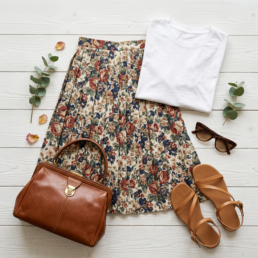 Composition de tenue vintage et moderne pour créer un look unique.