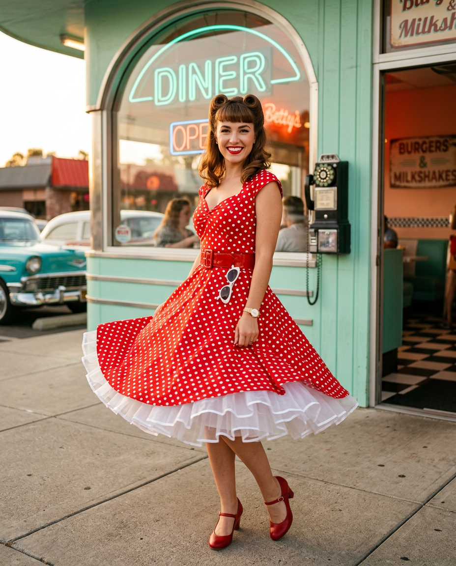 Modèle pin-up avec une robe à pois des années 50, illustration du lookbook vintage femme.