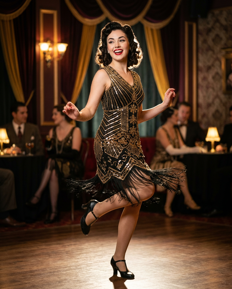 Robe Charleston noire et or à franges scintillantes style Années 20.