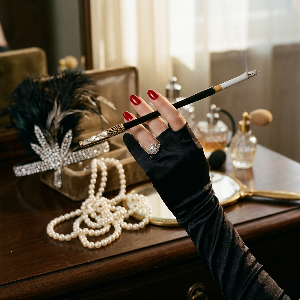 Accessoires Charleston : bandeau à plumes, longs gants et collier de perles.
