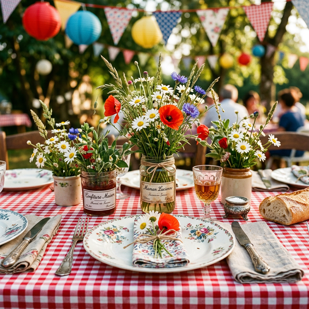 Détails de décoration de table guinguette avec nappe à carreaux, fleurs des champs et lampions.