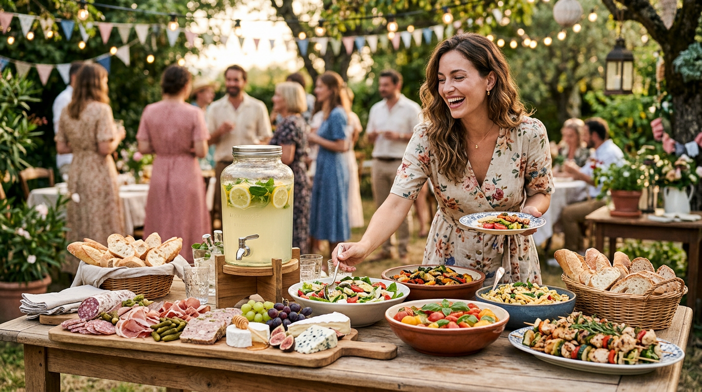 Table de buffet guinguette estivale dressée avec des plats conviviaux, de la charcuterie et des salades.