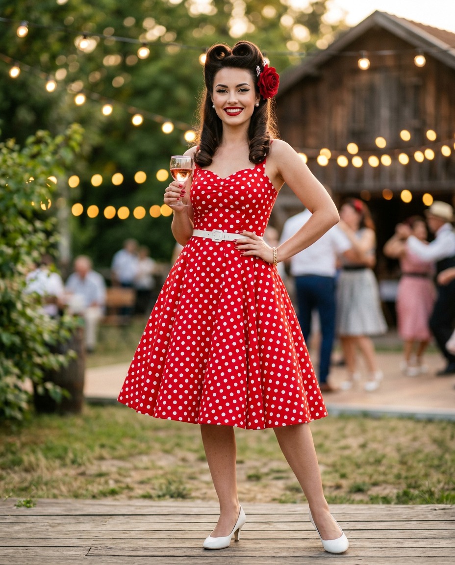 Pin-up souriante en robe à pois rouges et blancs, coiffure Victory Rolls, posant dans un décor de guinguette.