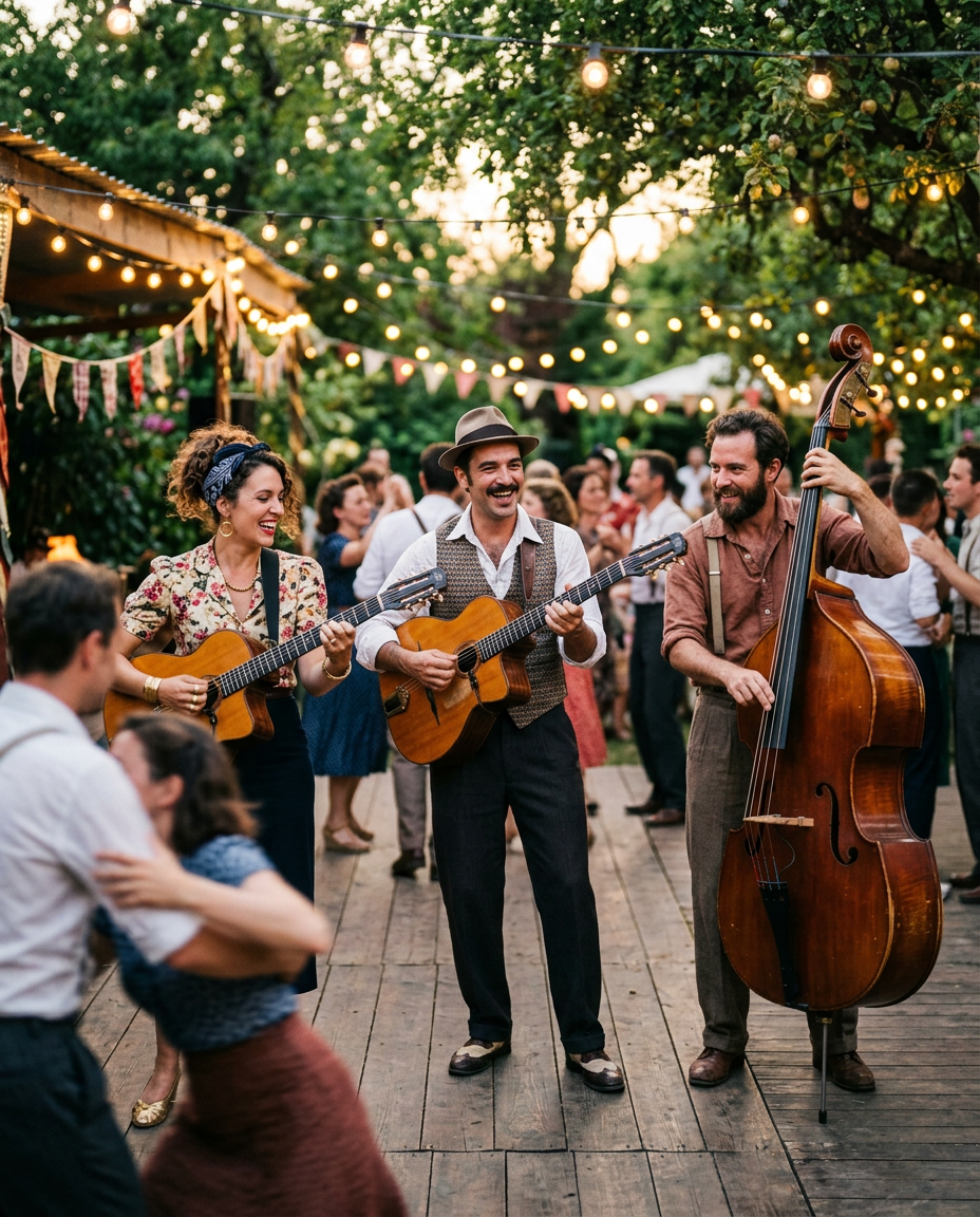 Musiciens de jazz manouche jouant avec énergie lors d'une fête guinguette en plein air.