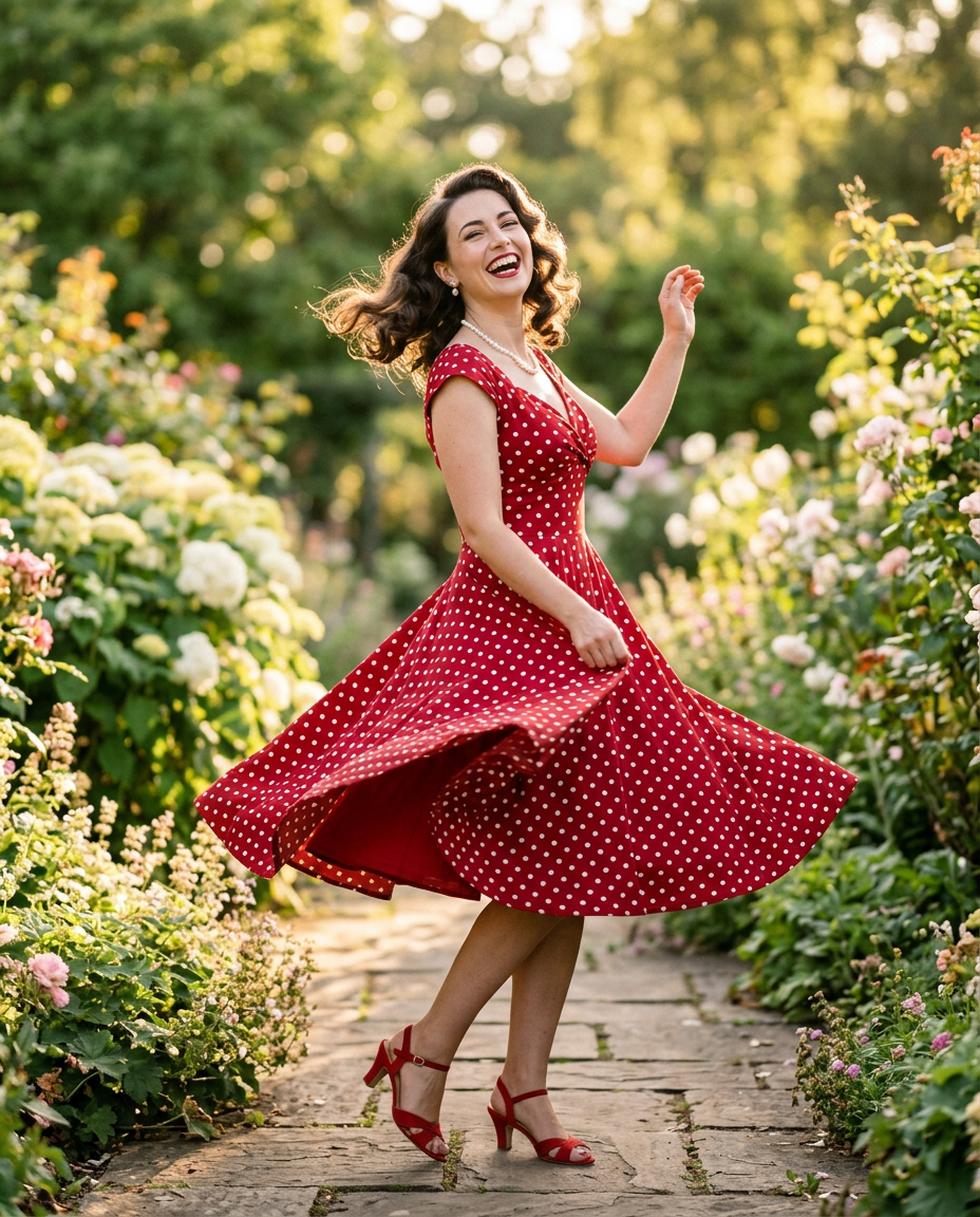 Femme portant une robe swing à pois rouges style pin-up