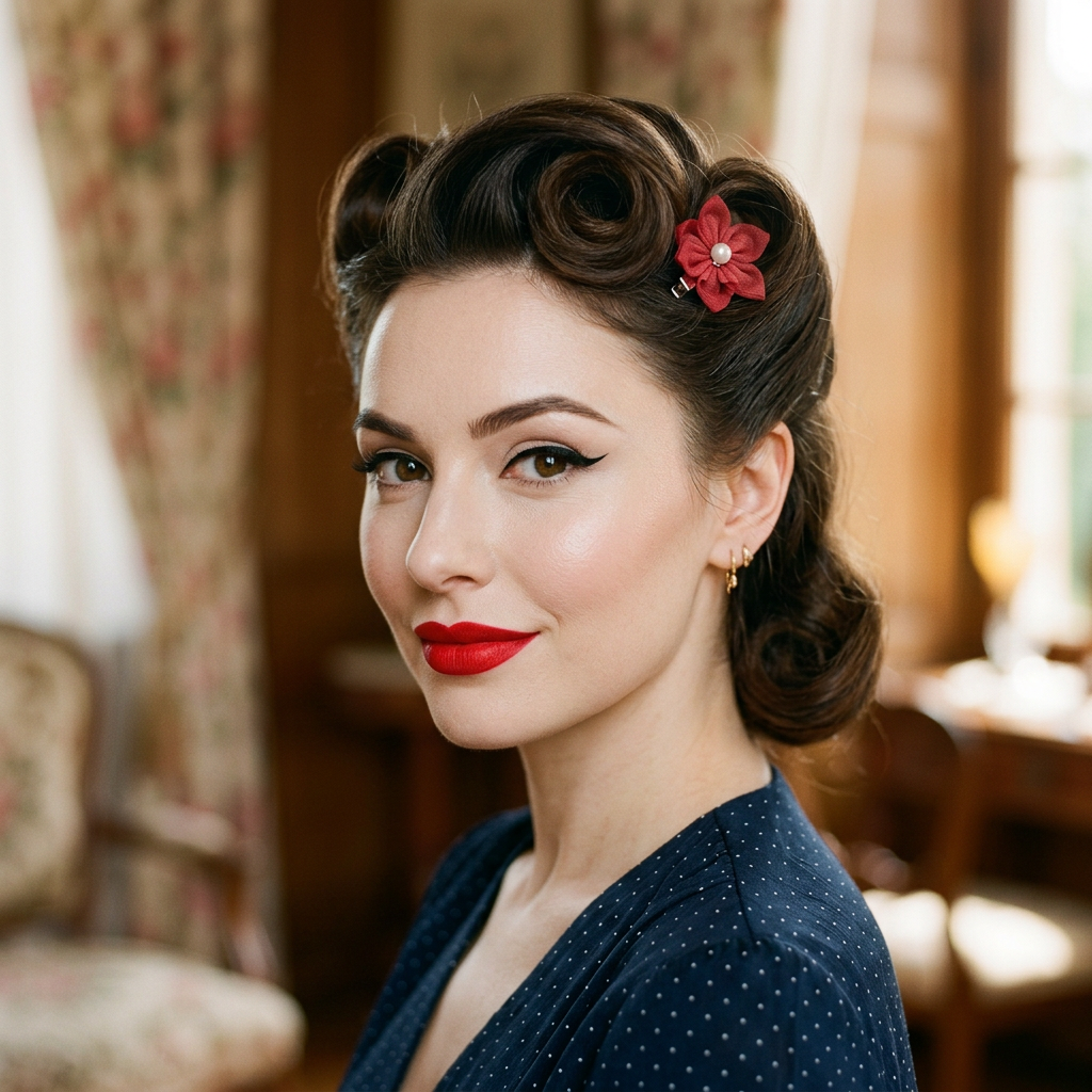 Gros plan sur un maquillage pin-up avec eye-liner et rouge à lèvres rouge