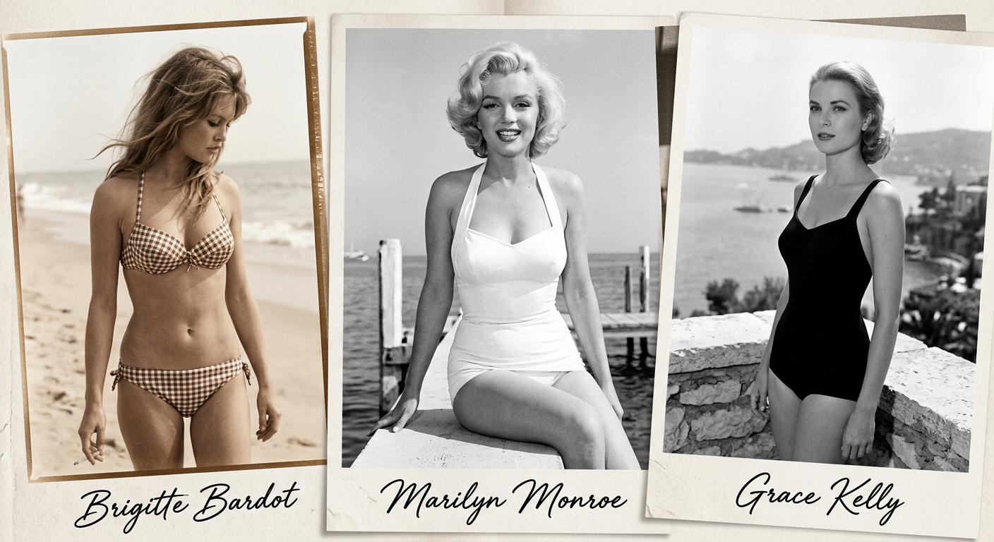 Collage stylé en sépia de portraits de stars comme Marilyn Monroe et Brigitte Bardot portant des maillots de bain vintage iconiques.