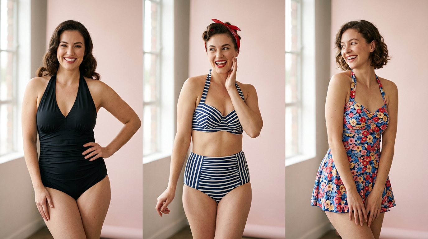 Présentation de différents modèles de maillots de bain vintage sur des mannequins dans un style lookbook, montrant un une-pièce gainant, un bikini taille haute et une coupe jupette.