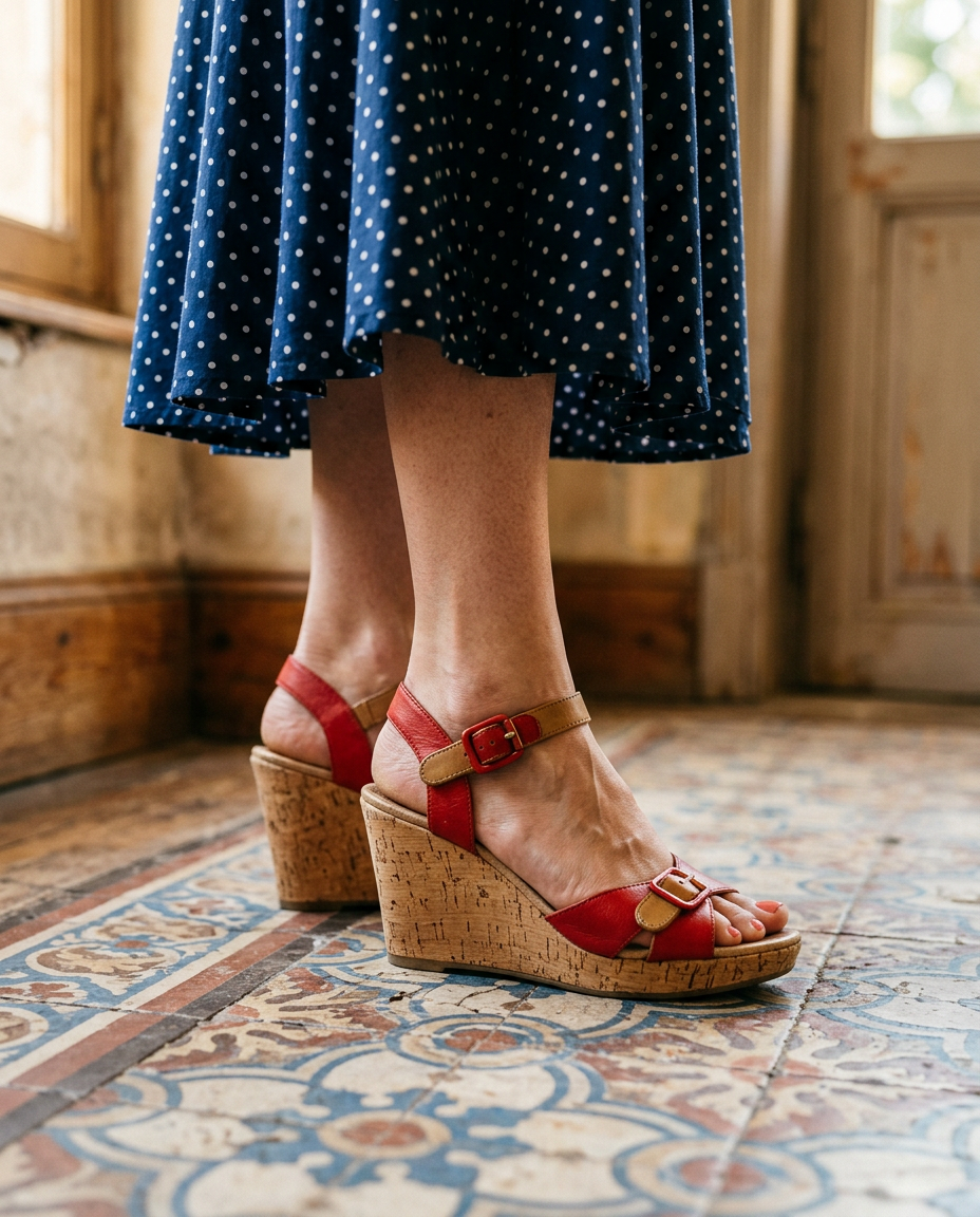 Pieds d'une femme portant des sandales compensées rétro rouges avec une robe à pois.