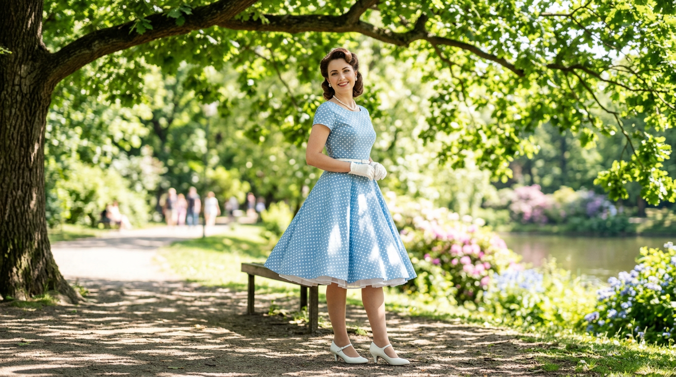 Une pin-up souriante en robe d'été légère sous un arbre en fleurs.