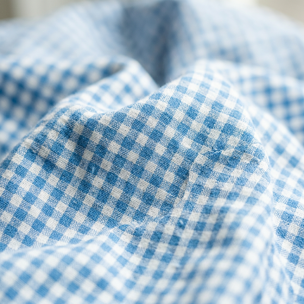Gros plan sur la texture d'un tissu en coton léger à motif vichy.