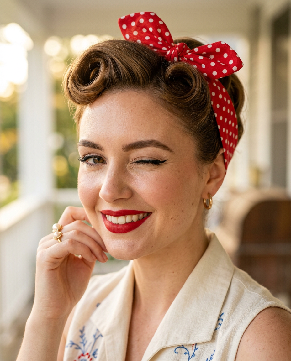 Gros plan sur une coiffure pin-up d'été, avec un bandana rouge à pois blancs noué sur le haut de la tête.