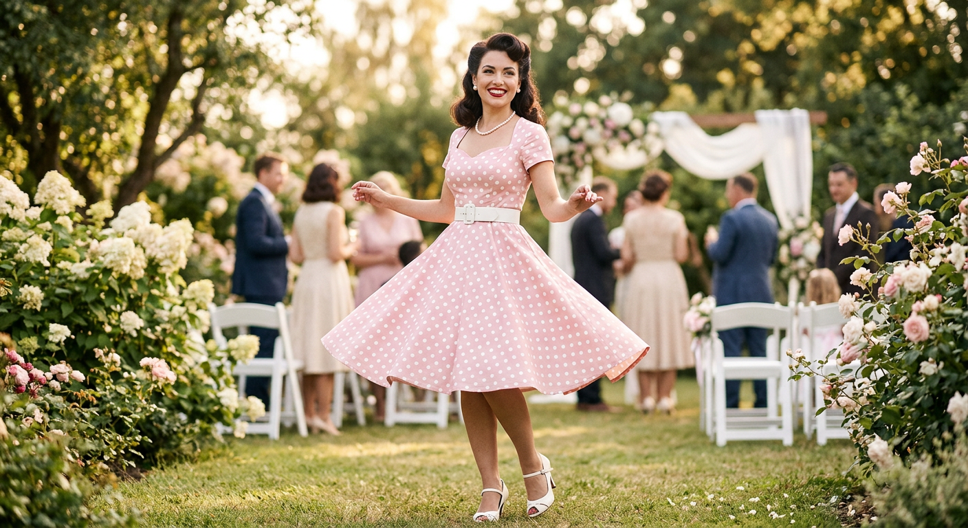 Une femme à un mariage, vêtue d'une robe de cérémonie rose à pois style pin-up des années 50.