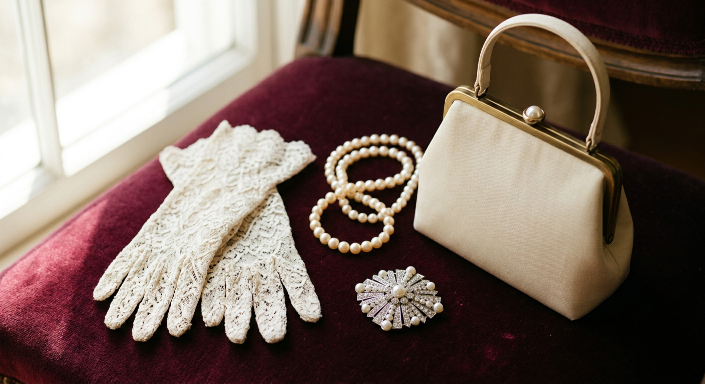 Gros plan sur des accessoires vintage : un collier de perles, des gants en dentelle et un petit sac à main rigide.