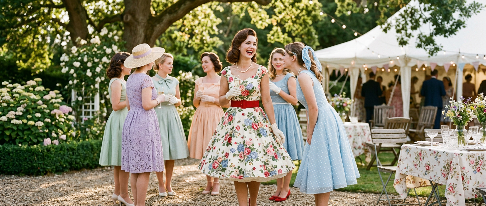 Vue d'ensemble d'invitées à une cérémonie en plein air portant des robes vintage style années 50.