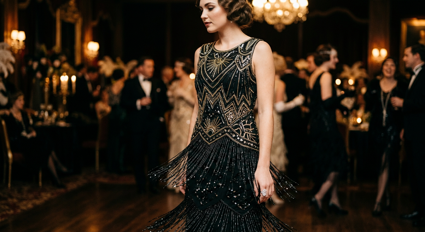 Détail d'une robe de cérémonie style Années Folles, avec des franges et des broderies de perles.