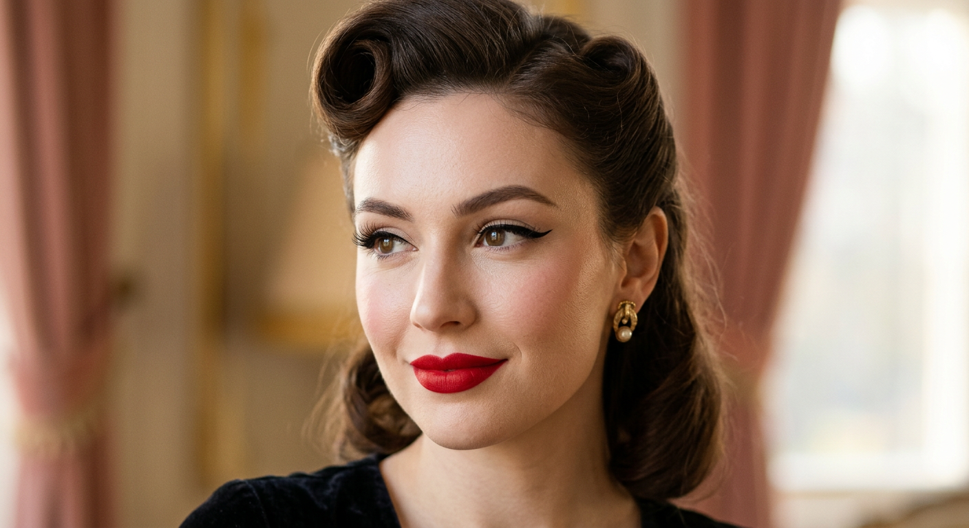 Gros plan sur le visage d'une femme avec un maquillage pin-up : eyeliner noir et rouge à lèvres rouge vif.
