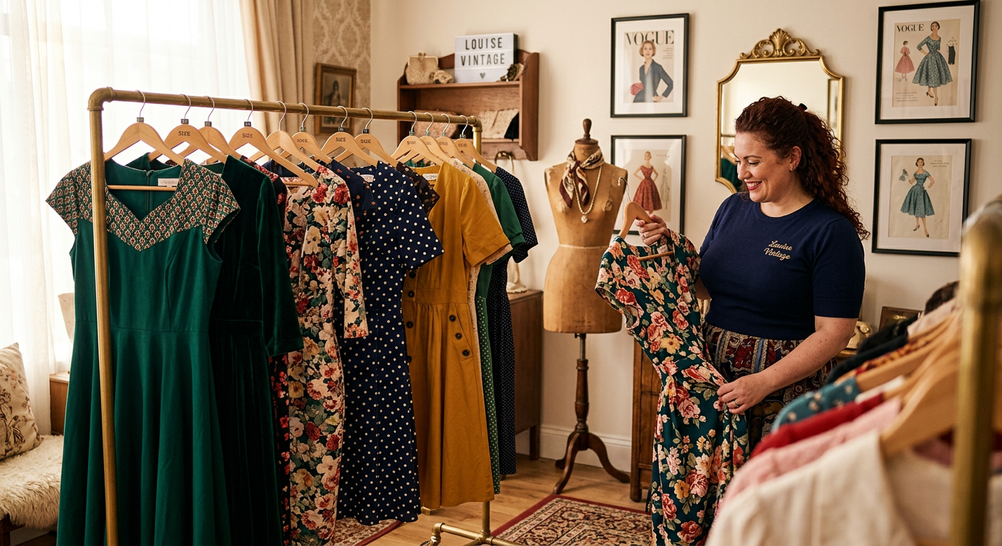 Ambiance de la boutique en ligne Louise Vintage avec une sélection de robes vintage grande taille sur des cintres.