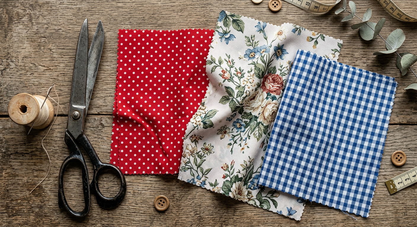 Gros plan sur des échantillons de tissus : un coton à petits pois, un crêpe de viscose fleuri et un tissu vichy.