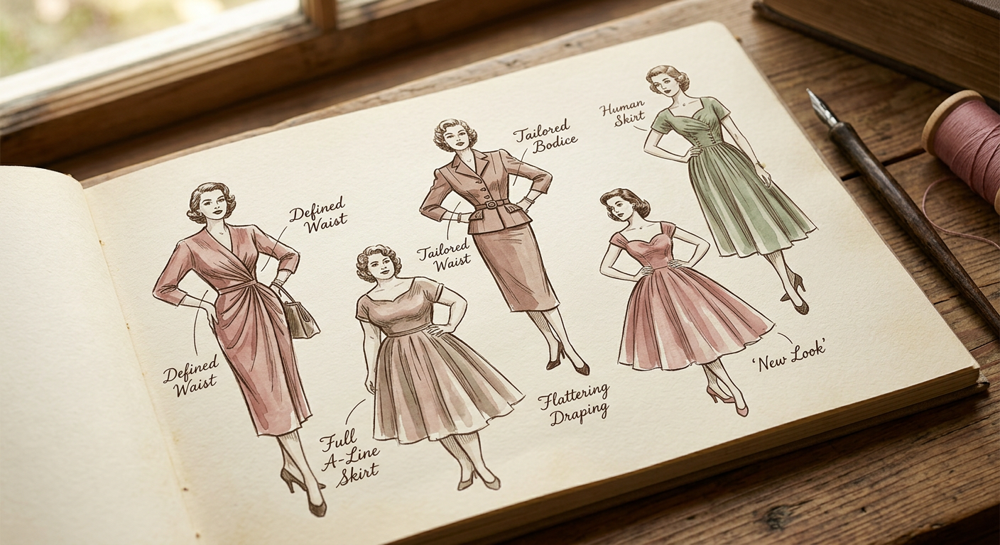 Moodboard illustratif de coupes de robes vintage des années 40 et 50, avec des schémas montrant la taille marquée et les jupes évasées.