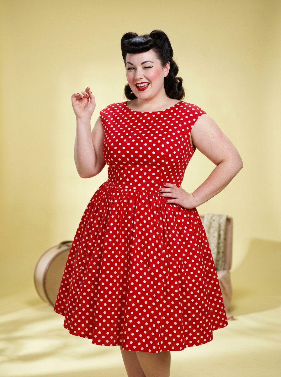 Femme grande taille heureuse portant une robe vintage rouge à pois blancs, style pin-up des années 50.