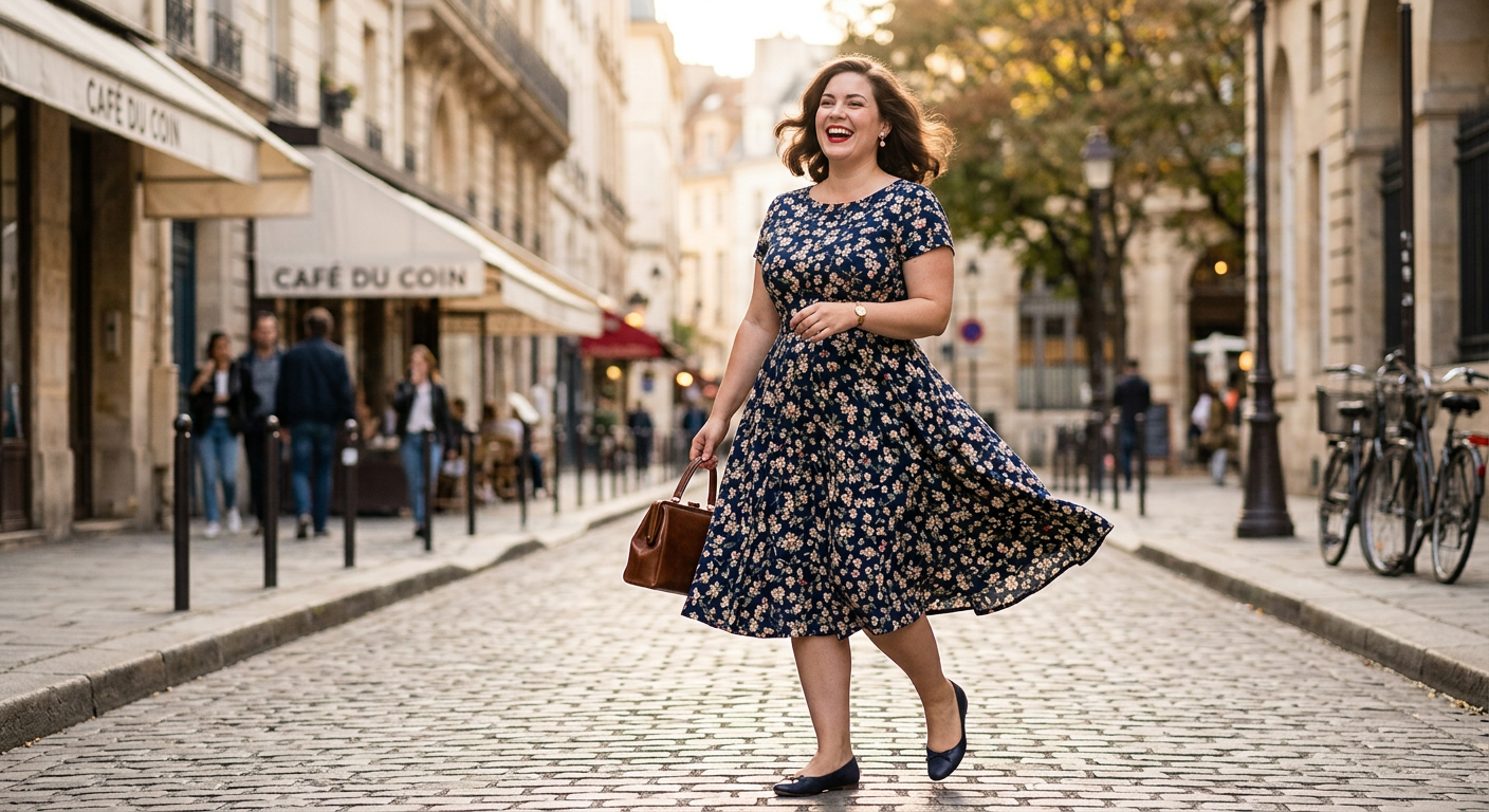 Modèle grande taille portant une élégante robe patineuse bleue à fleurs, style années 50, pour une journée en ville.