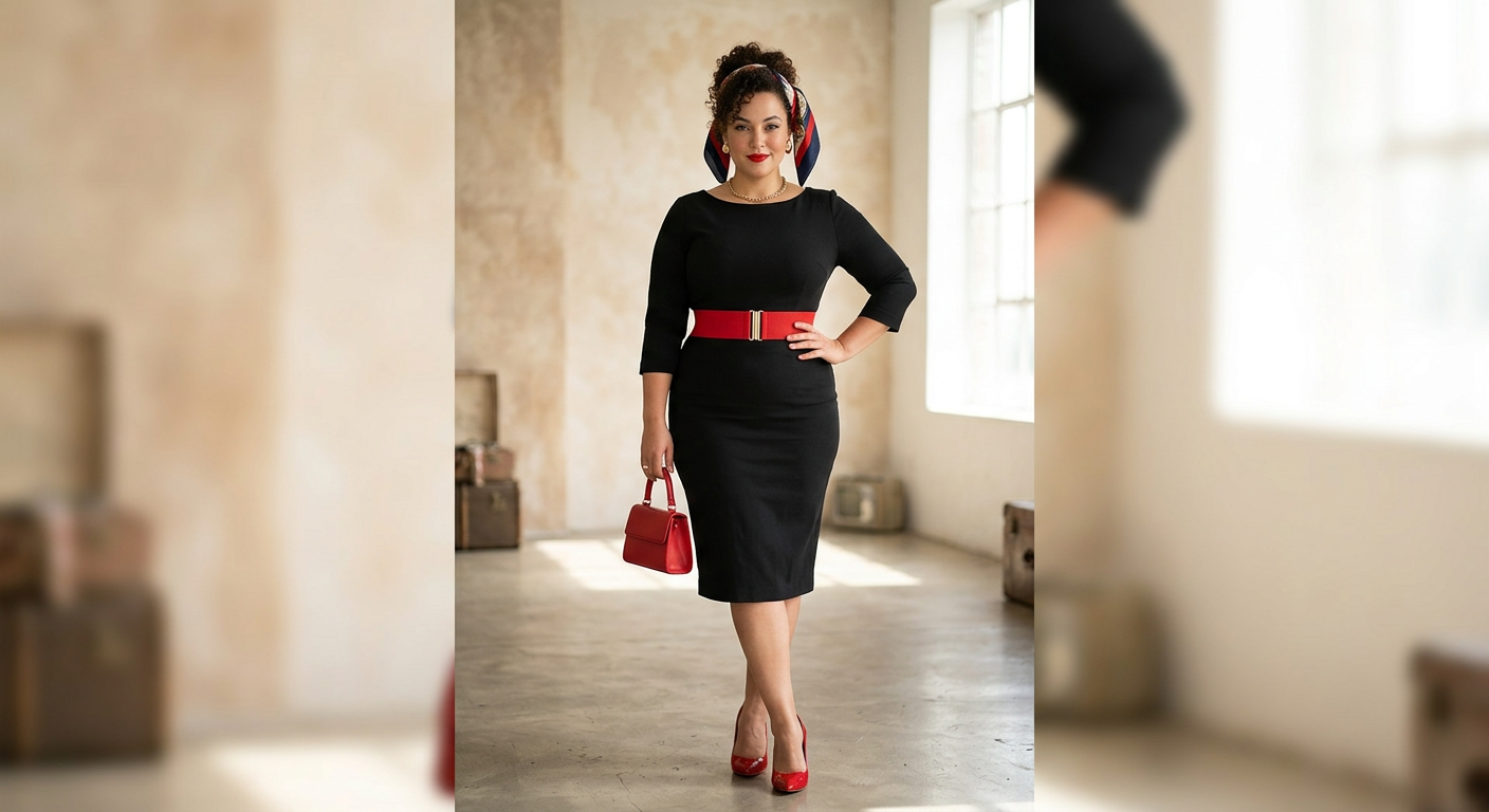 Modèle grande taille portant une robe vintage noire, accessoirisée avec une large ceinture rouge, des escarpins assortis et un foulard dans les cheveux.